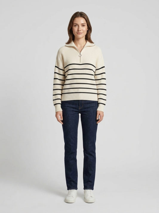 Shelby | Women's Jumper Striped Ribbed Zip Neckline Soft Knit Fitted Cosy Warm Layering Chic Feminine Casual Everyday Autumn Winter - Front [Lystr 6a9ed801306c4f1f5f026d6e:front]