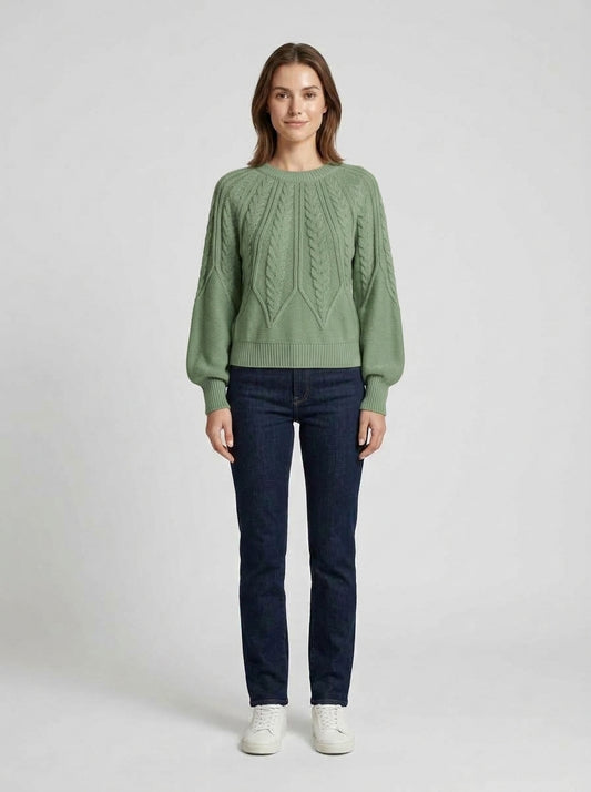 Sharon | Women's Jumper Cable-Knit Cropped Ribbed Crew Neck Chunky Soft Cosy Warm Layering Chic Feminine Casual Everyday Autumn - Front [Lystr 6a9ed809306c4f1f5f026d72:front]