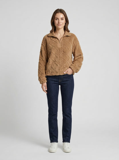 Shay | Women's Jumper Zip-Neck Fleece Pullover Textured Soft Cosy Warm Relaxed Layering Chic Feminine Casual Everyday Autumn - Front [Lystr 6a9ed811306c4f1f5f026d75:front]