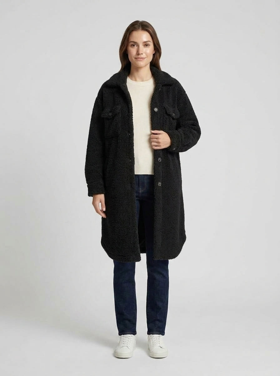 Selene | Women's Teddy Coat Longline Side Pockets Plush Sherpa Soft Cosy Warm Chic Feminine Casual Everyday Autumn Winter - Front [Lystr 6a9ed824306c4f1f5f026d7e:front]