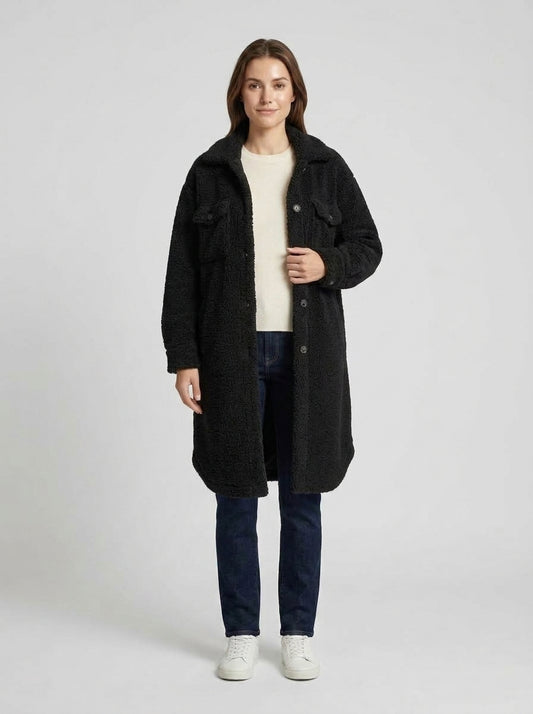 Selene | Women's Teddy Coat Longline Side Pockets Plush Sherpa Soft Cosy Warm Chic Feminine Casual Everyday Autumn Winter - Front [Lystr 6a9ed824306c4f1f5f026d7e:front]