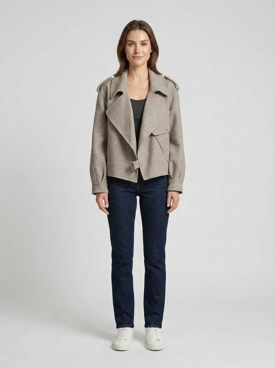 Serena | Women's Biker Jacket Cropped Wide Collar Structured Edgy Chic Casual Everyday Autumn Winter Layering Statement Outerwear - Front [Lystr 6a9ed82b306c4f1f5f026d81:front]