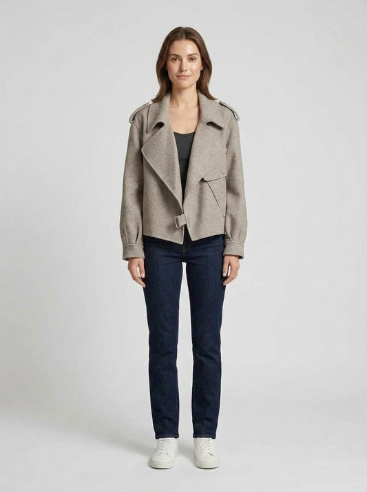Serena | Women's Biker Jacket Cropped Wide Collar Structured Edgy Chic Casual Everyday Autumn Winter Layering Statement Outerwear - Front [Lystr 6a9ed82b306c4f1f5f026d81:front]