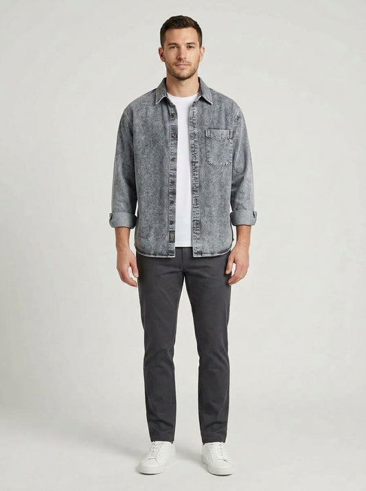 Cade | Men's Shirt Vintage Stone-Washed Button-Up Cotton Casual Soft Refined Smart Casual Everyday Layering Autumn Winter - Front [Lystr 6a9eddde1157379641164013:front]