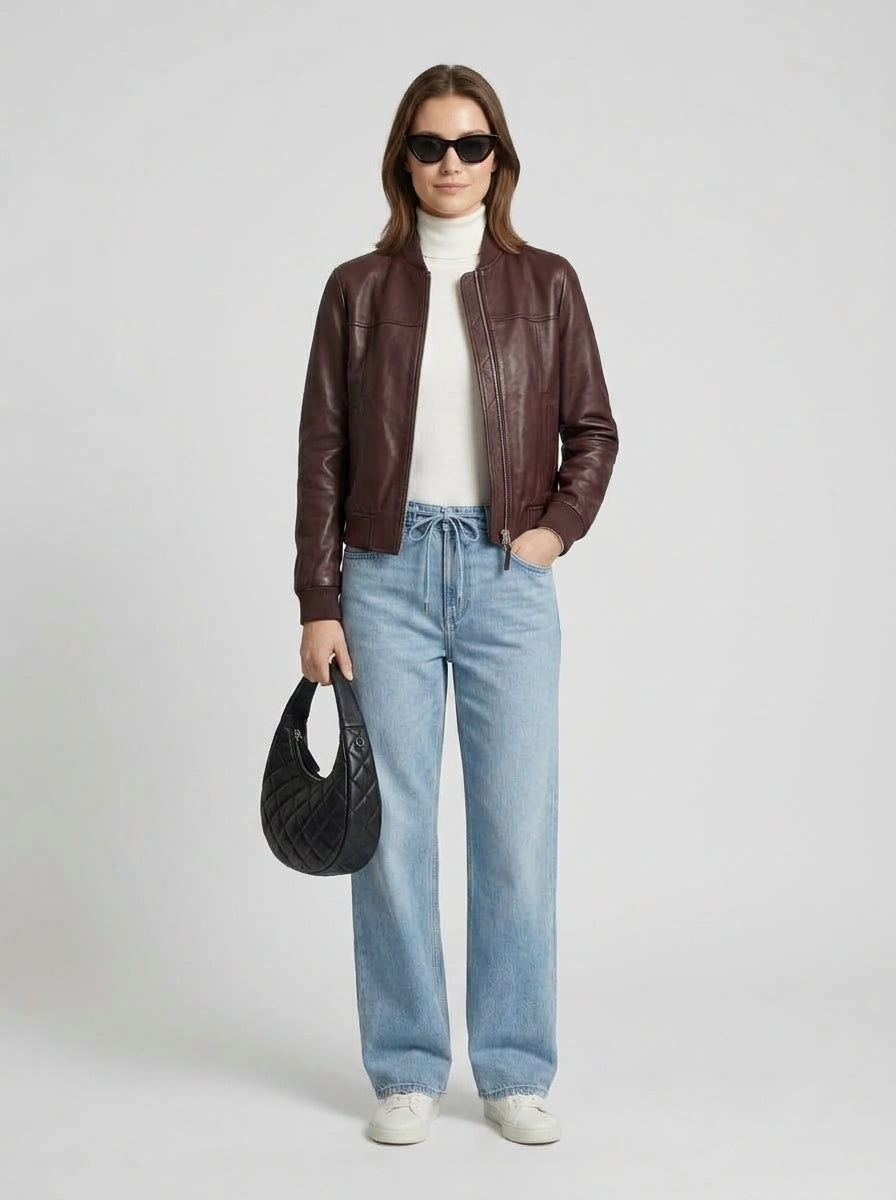 Sasha | Women's Leather Jacket Oversized Waist-Length Structured Relaxed Edgy Chic Casual Everyday Layering Autumn Winter Outerwear - Front [Lystr 6a9eddf3115737964116401c:front]