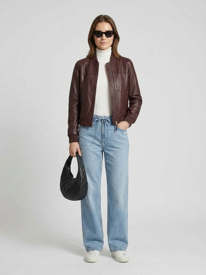 Sasha | Women's Leather Jacket Oversized Waist-Length Structured Relaxed Edgy Chic Casual Everyday Layering Autumn Winter Outerwear - Front [Lystr 6a9eddf3115737964116401c:front]