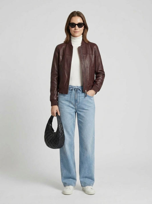 Sasha | Women's Leather Jacket Oversized Waist-Length Structured Relaxed Edgy Chic Casual Everyday Layering Autumn Winter Outerwear - Front [Lystr 6a9eddf3115737964116401c:front]