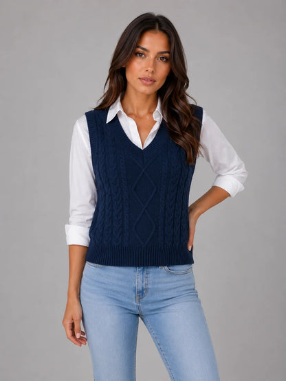 Rita | Women's Vest Sleeveless Cable-Knit V-Neck Waistcoat Soft Cosy Warm Layering Chic Feminine Casual Everyday Autumn Winter