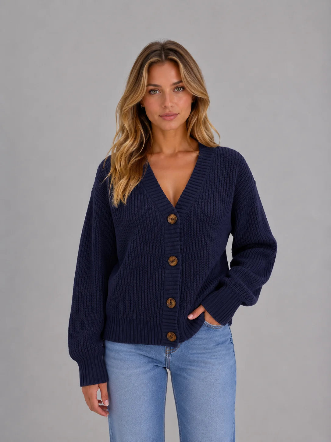 River | Women's Cardigan Chunky Knit Button Front V-Neck Soft Ribbed Cosy Warm Relaxed Layering Chic Feminine Casual Everyday