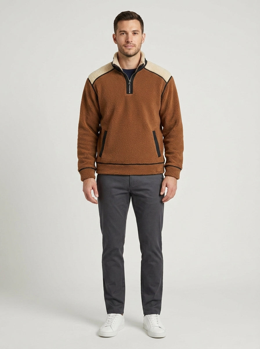Max | Men's Fleece Pullover Quarter-Zip Sherpa-Trim Soft Warm Textured Cosy Casual Everyday Layering Autumn Winter - Front [Lystr 6a7e2963e363525d93c1f3f4:front]