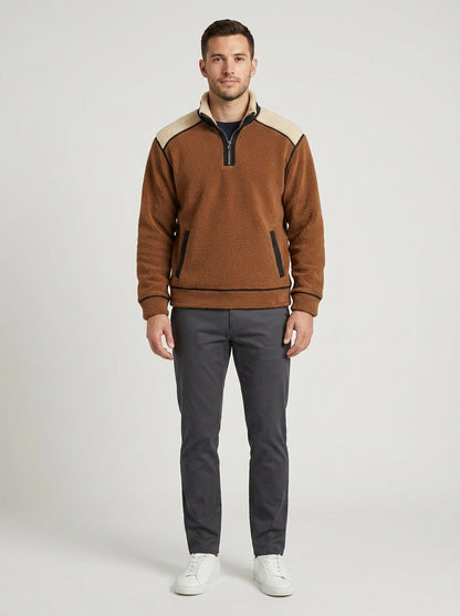 Max | Men's Fleece Pullover Quarter-Zip Sherpa-Trim Soft Warm Textured Cosy Casual Everyday Layering Autumn Winter - Front [Lystr 6a7e2963e363525d93c1f3f4:front]