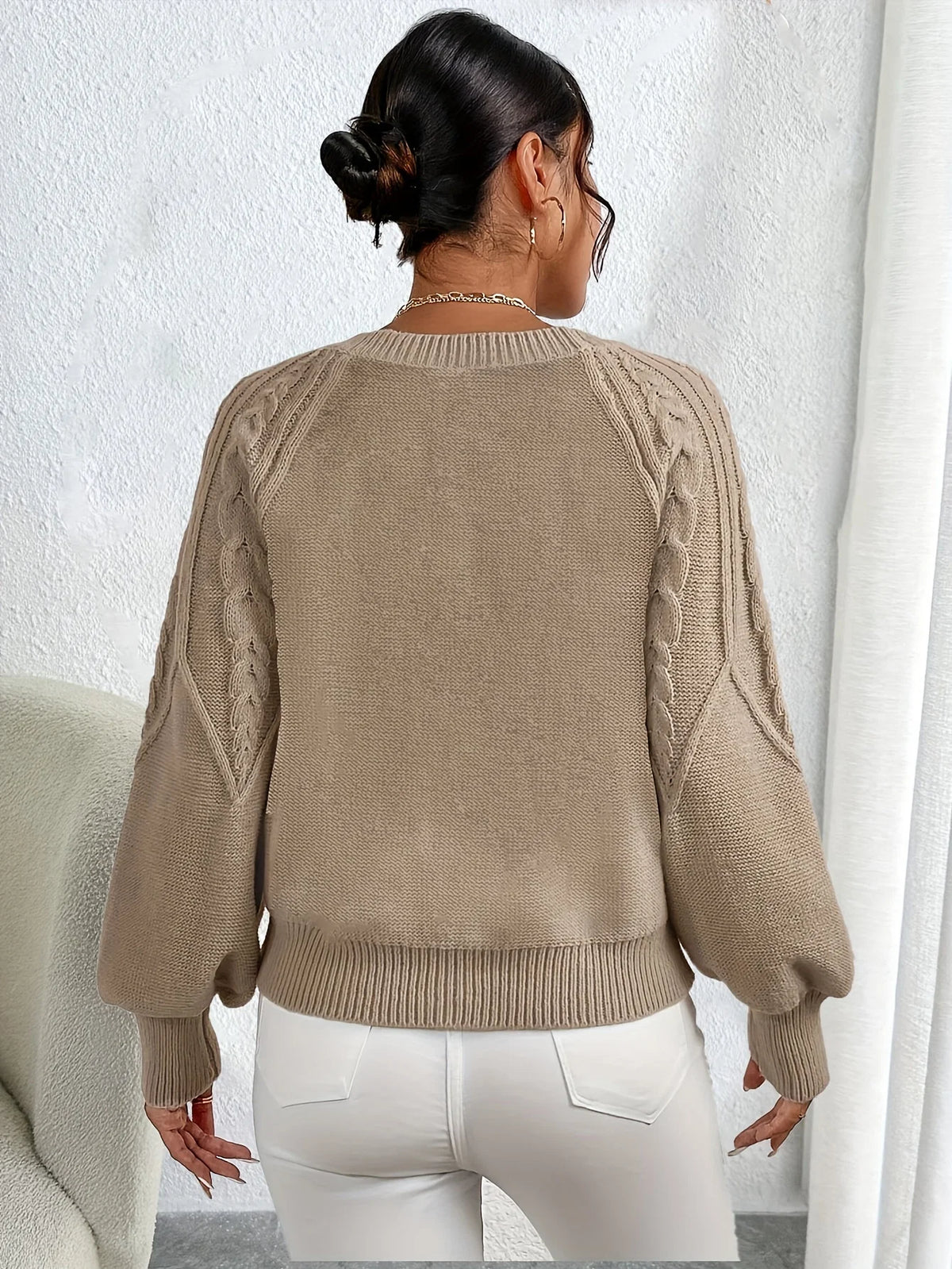 Kimberly | Women's Sweater Cable-Knit Lantern Sleeve Chunky Textured Soft Cosy Warm Layering Chic Feminine Casual Everyday Autumn