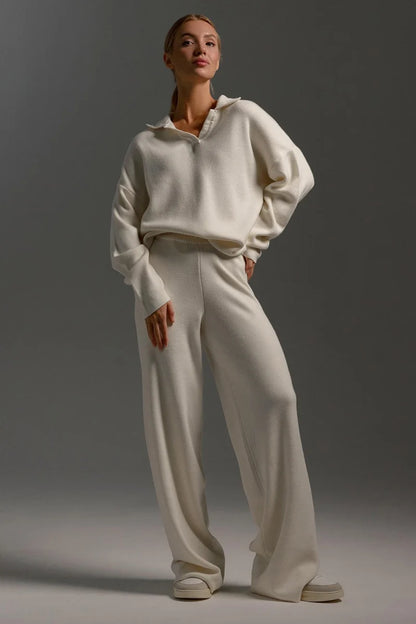 Kamila | Women's Co-ord Set Polo Collar Knit Pullover Wide-Leg Trousers Two-Piece Cosy Knit Coordinated Chic Autumn Winter