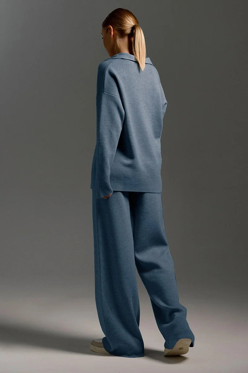 Kamila | Women's Co-ord Set Polo Collar Knit Pullover Wide-Leg Trousers Two-Piece Cosy Knit Coordinated Chic Autumn Winter