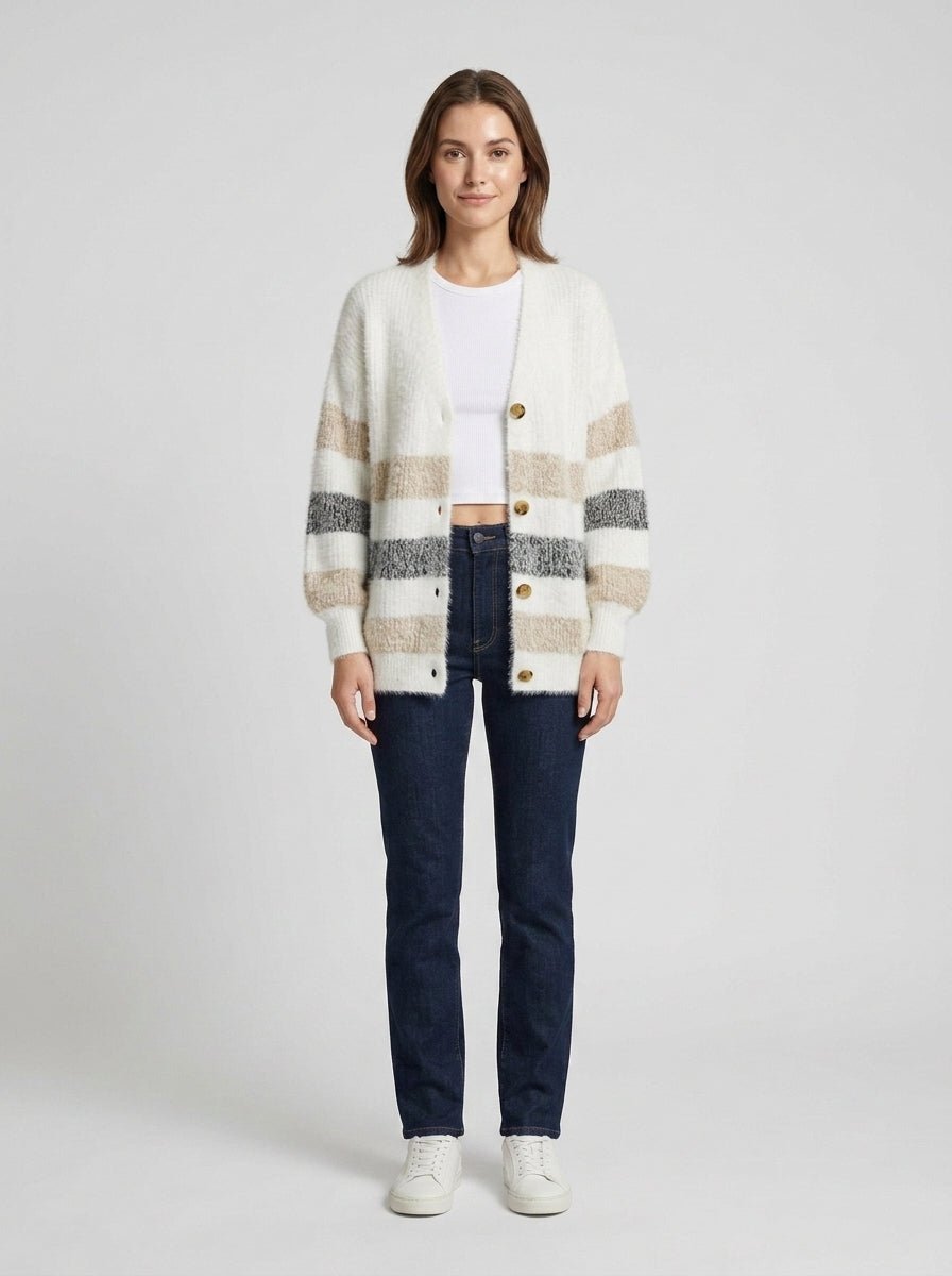 Marilyn | Women's Cardigan Colour-Block Button Front Knit Soft Cosy Warm Relaxed Layering Chic Feminine Casual Everyday Autumn - Front [Lystr 6a87321651ba65245b46db22:front]