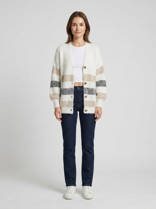 Marilyn | Women's Cardigan Colour-Block Button Front Knit Soft Cosy Warm Relaxed Layering Chic Feminine Casual Everyday Autumn - Front [Lystr 6a87321651ba65245b46db22:front]