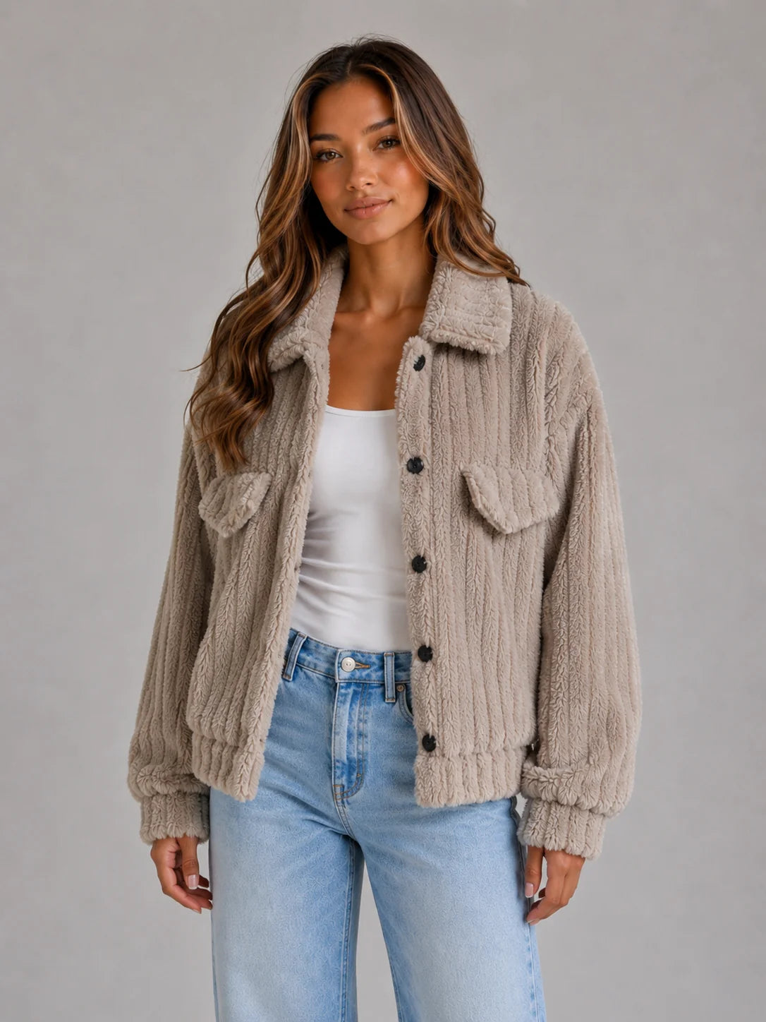 Lorelei | Women's Teddy Jacket Plush Button-Up Collared Fleece Sherpa Soft Cosy Warm Layering Chic Feminine Casual Everyday Autumn