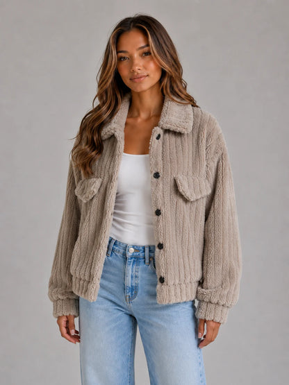 Lorelei | Women's Teddy Jacket Plush Button-Up Collared Fleece Sherpa Soft Cosy Warm Layering Chic Feminine Casual Everyday Autumn