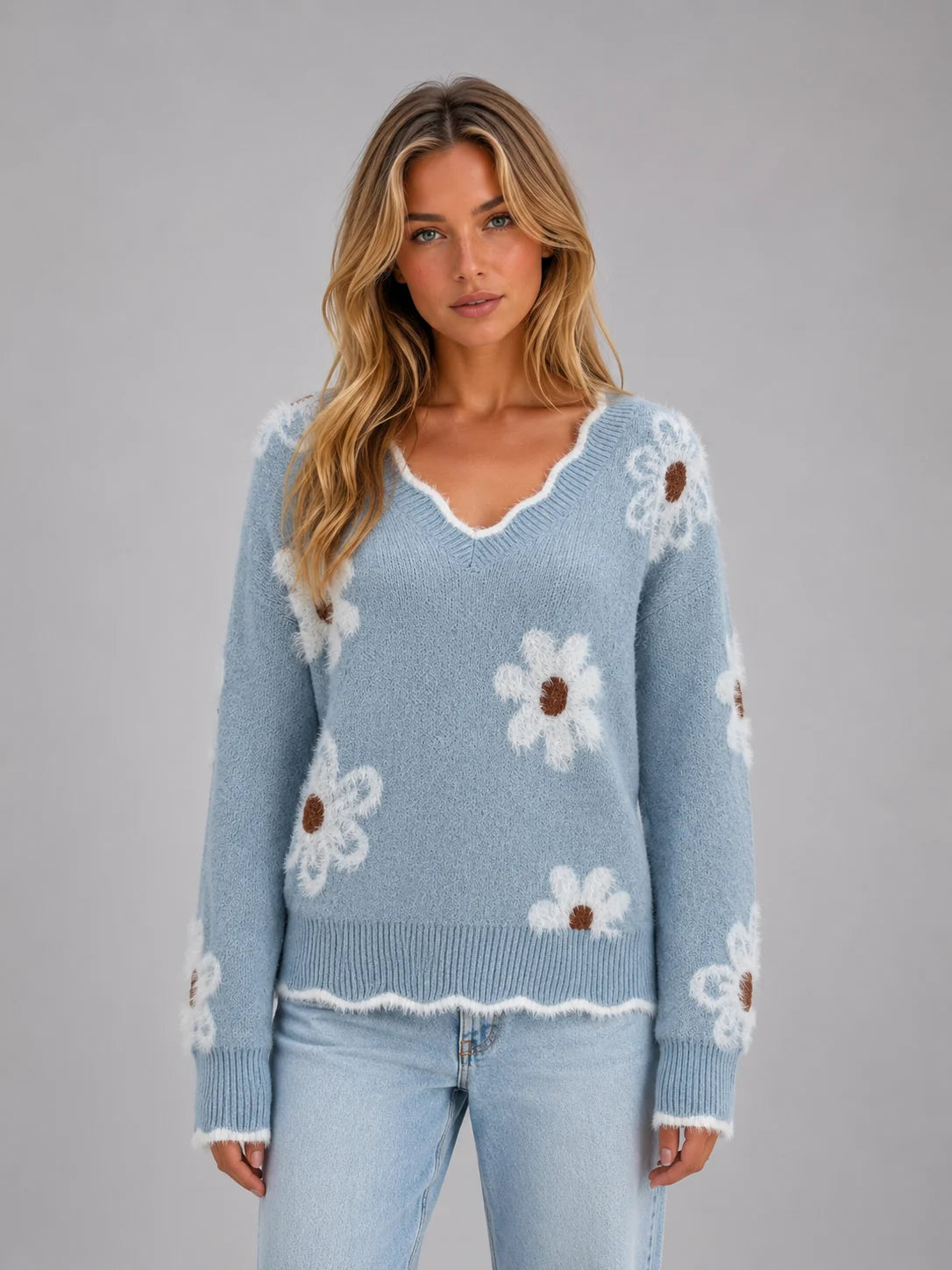 Robin | Women's Sweater Floral V-Neck Soft Knit Casual Pullover Feminine Cosy Warm Relaxed Layering Chic Everyday Autumn Winter