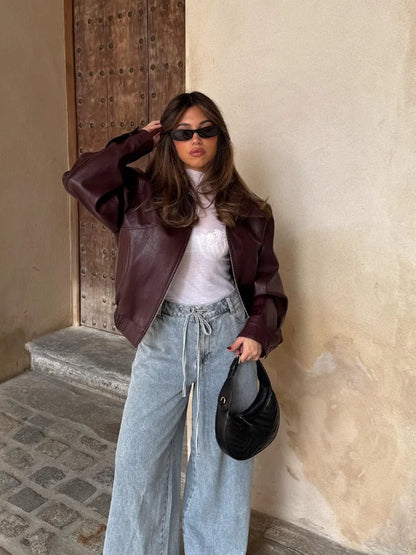 Sasha | Women's Leather Jacket Oversized Waist-Length Structured Relaxed Edgy Chic Casual Everyday Layering Autumn Winter Outerwear