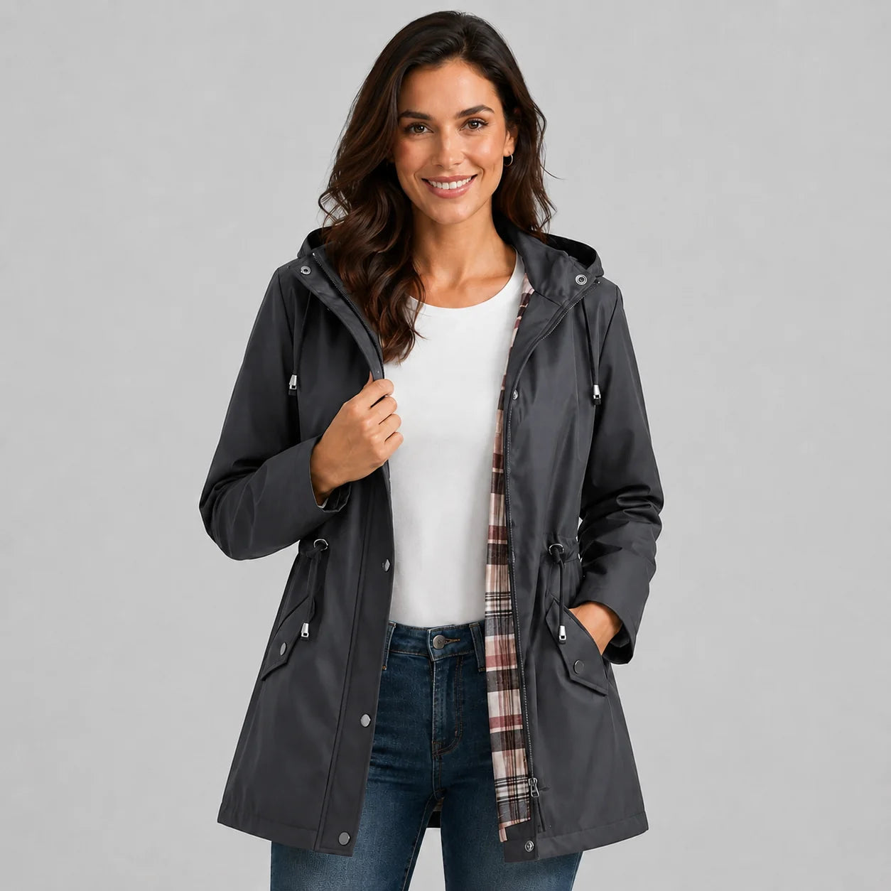Treasure | Women's Rain Coat Hooded Check-Lined Waterproof Windproof Longline Warm Functional Casual Everyday Outdoor Autumn Winter