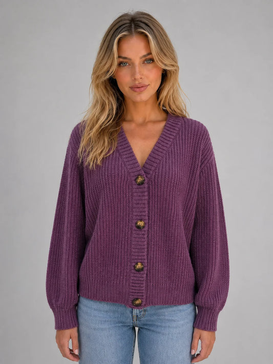 River | Women's Cardigan Chunky Knit Button Front V-Neck Soft Ribbed Cosy Warm Relaxed Layering Chic Feminine Casual Everyday