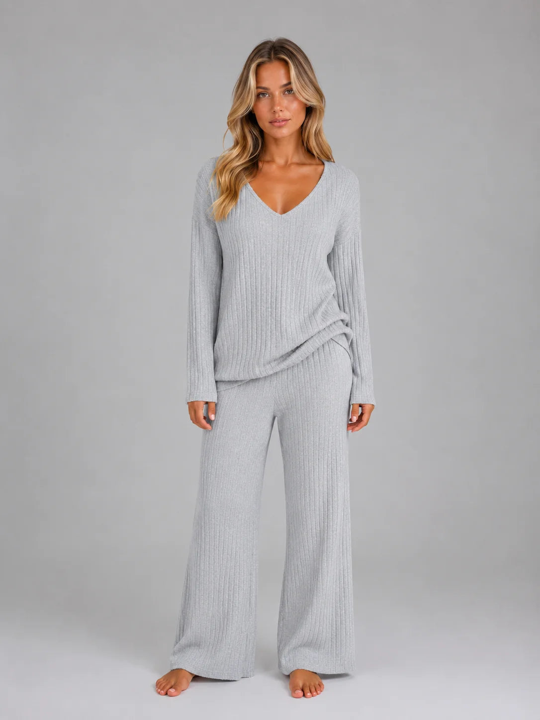 Rosemary | Women's Lounge Set Ribbed Knit V-Neck Jumper Wide-Leg Trousers Two-Piece Soft Cosy Warm Coordinated Comfort Loungewear