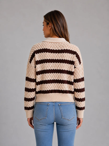 Patricia | Women's Sweater Striped Polo Textured Knit Collared Soft Cosy Warm Layering Chic Feminine Casual Everyday Autumn Winter