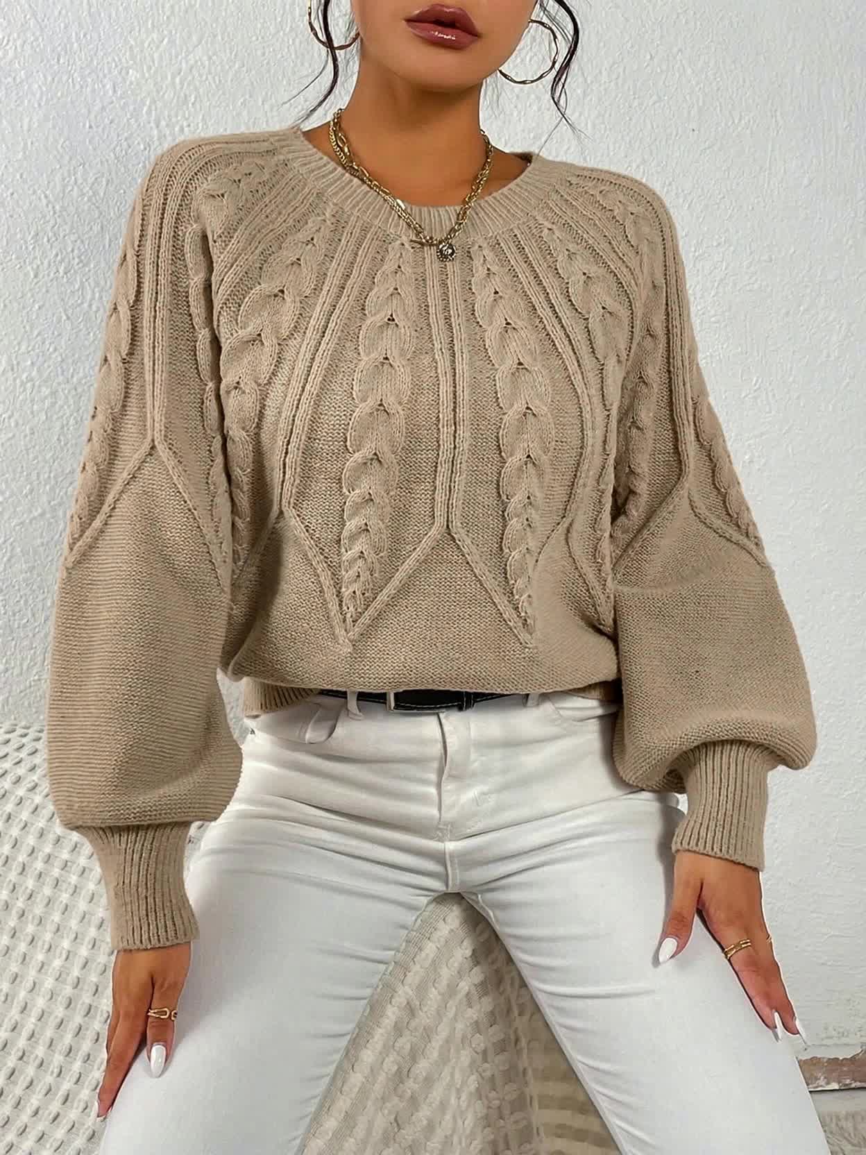 Kimberly | Women's Sweater Cable-Knit Lantern Sleeve Chunky Textured Soft Cosy Warm Layering Chic Feminine Casual Everyday Autumn