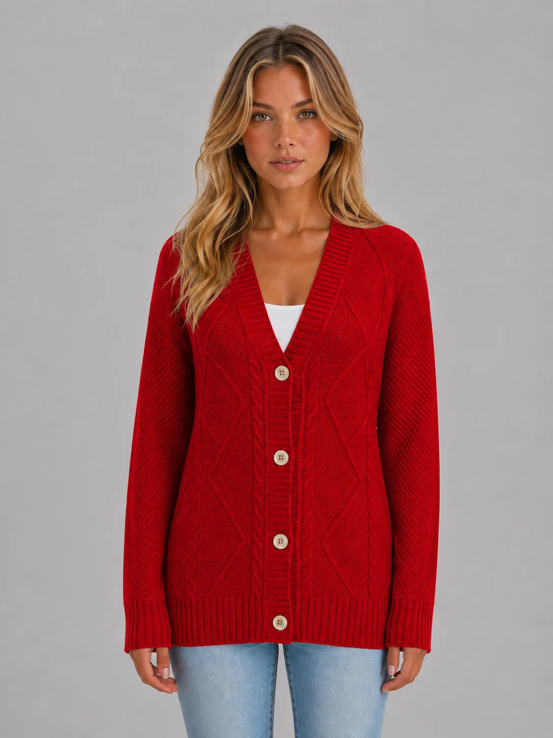 Rhea | Women's Cardigan Cable-Knit Soft V-Neck Button-Up Cosy Warm Relaxed Layering Chic Feminine Casual Everyday Autumn Winter