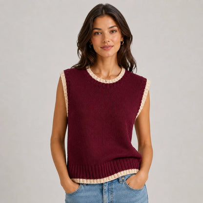 Tessa | Women's Vest Sweater Contrast Trim Round Neck Sleeveless Knit Soft Cosy Warm Layering Chic Feminine Casual Everyday Autumn