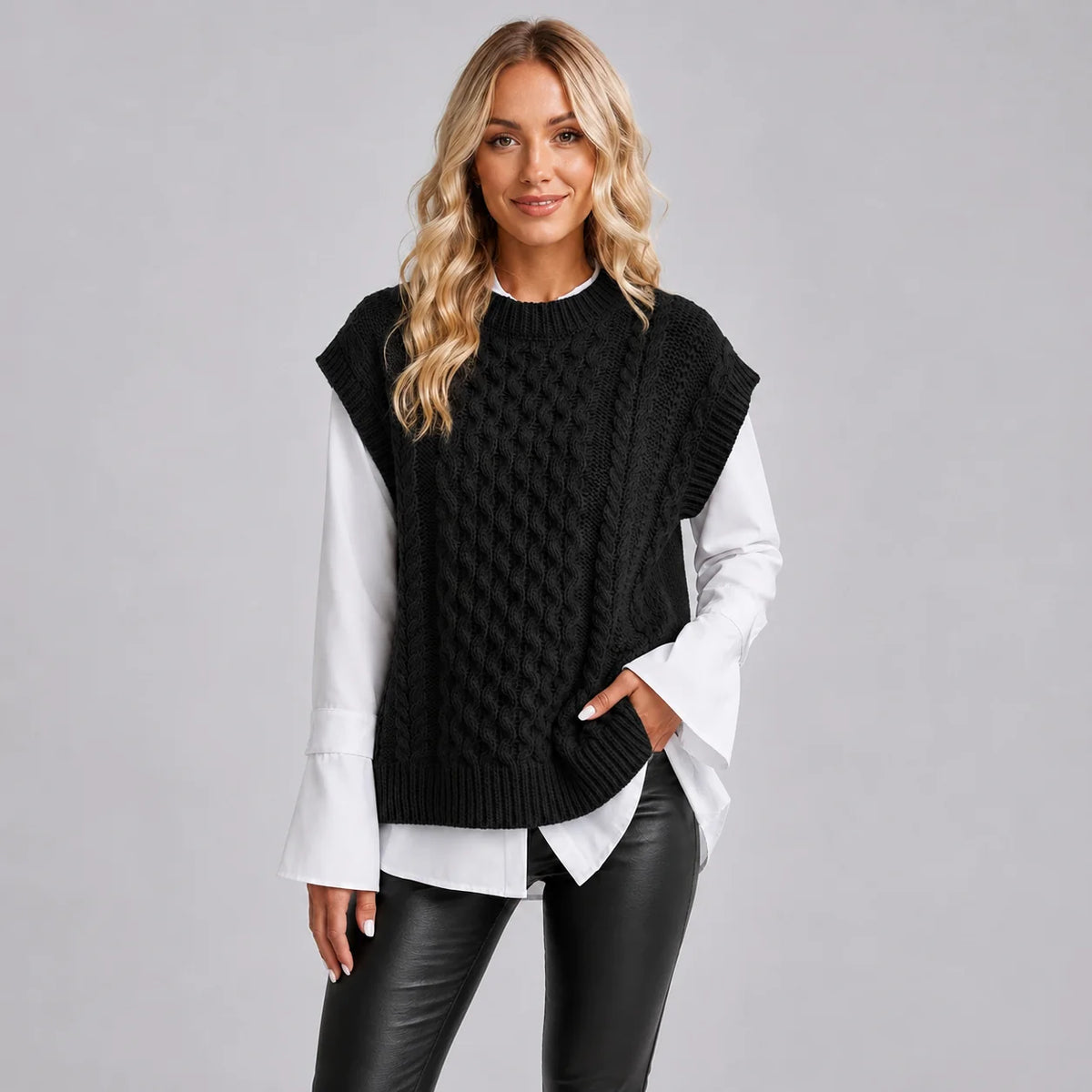 Valeria | Women's Vest Sweater Cable-Knit Round Neck Sleeveless Chunky Soft Cosy Warm Layering Chic Feminine Casual Everyday Autumn