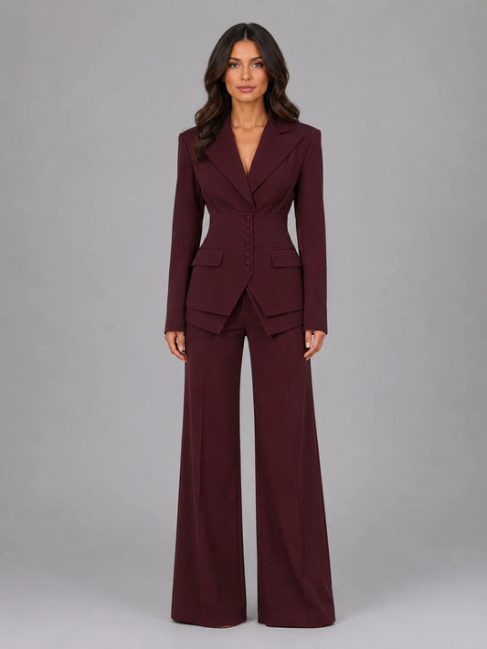 Nia | Women's Co-ord Set Cinched Waist Wide-Leg Tailored Blazer Trousers Two-Piece Structured Smart Occasion Office Coordinated