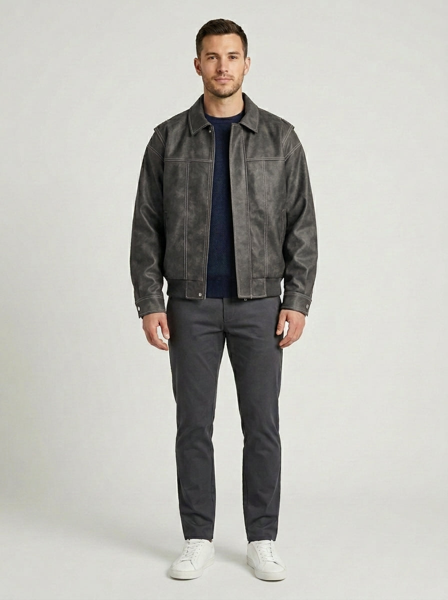 Andres | Men's Jacket Faux Leather Flap Collar Zip Pockets Structured Refined Smart Casual Everyday Autumn Winter Layering - Dark Gray Front [Lystr 6a855a04ca0d7180bd88d2d3:dark gray:front]