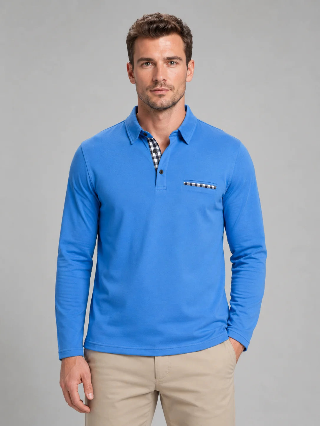 Brennan | Men's Polo Shirt Long-Sleeve Gingham Trim Casual Cotton Soft Refined Smart Casual Everyday Layering Autumn Winter