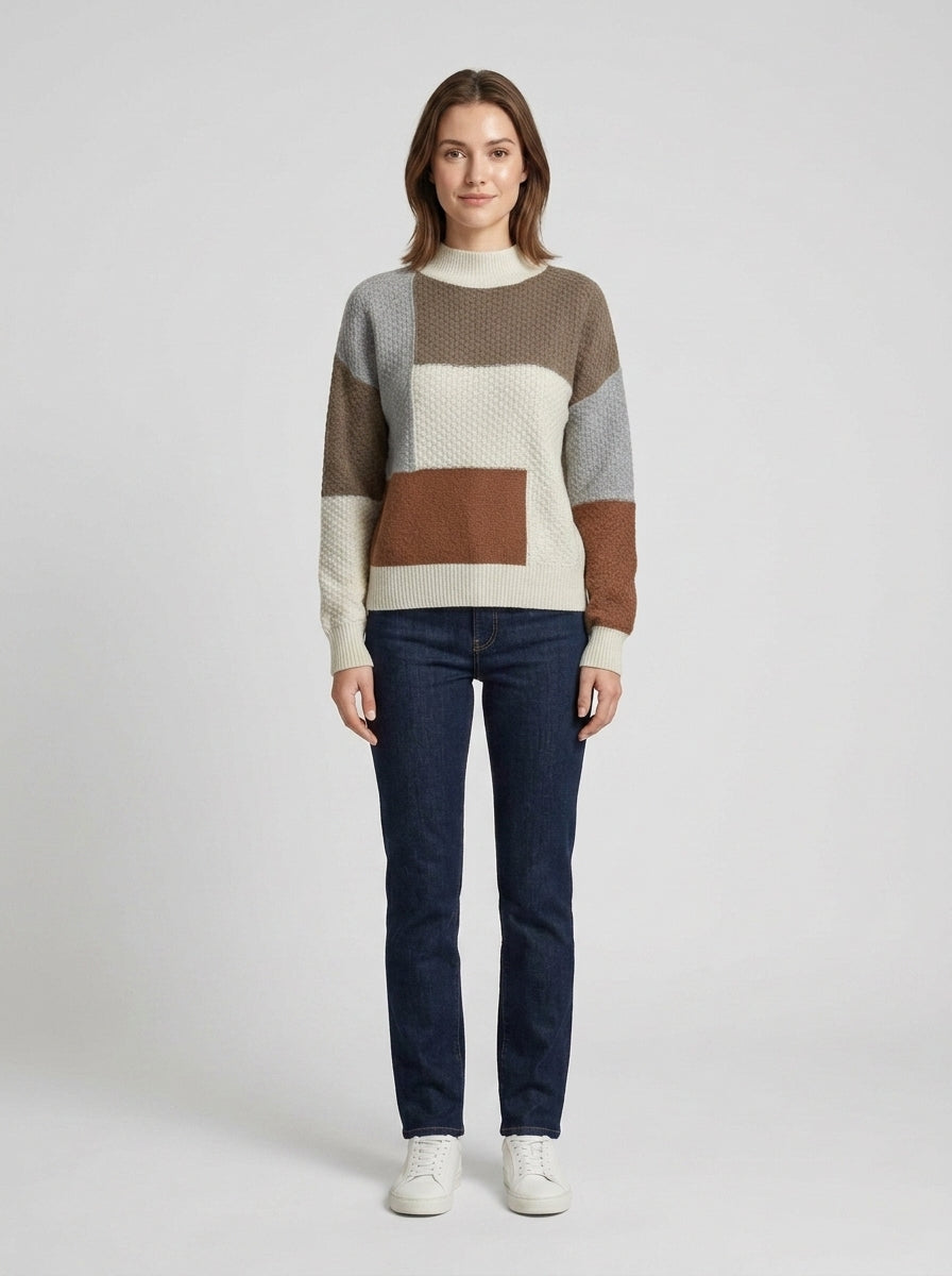 Elise | Women's Sweater Crew Neck Colour-Block Textured Knit Long Soft Cosy Warm Layering Chic Casual Everyday Autumn Winter Knitwear - Front [Lystr 6a84b5679d108d2a5558f10e:front]
