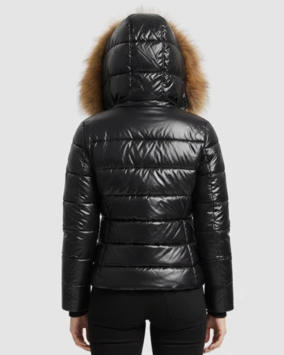 Nina | Women's Puffer Jacket Glossy Hooded Faux Fur Trim Padded Insulated Warm Cropped Casual Everyday Winter Outerwear Cosy
