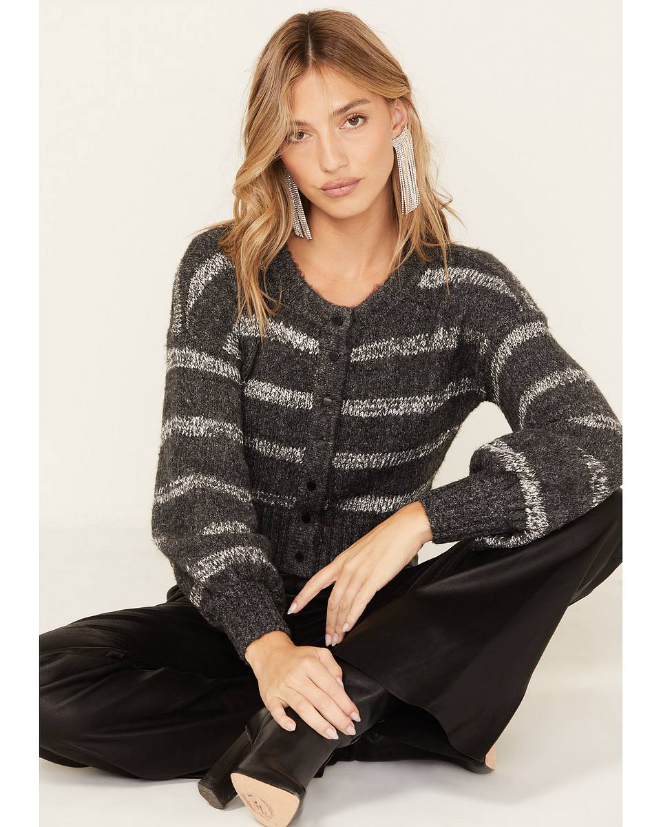 Kayla | Women's Cardigan Cropped Striped Sequin Snap Front Rib Knit Sparkle Chic Feminine Occasion Festive Layering Autumn Winter