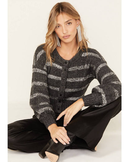 Kayla | Women's Cardigan Cropped Striped Sequin Snap Front Rib Knit Sparkle Chic Feminine Occasion Festive Layering Autumn Winter