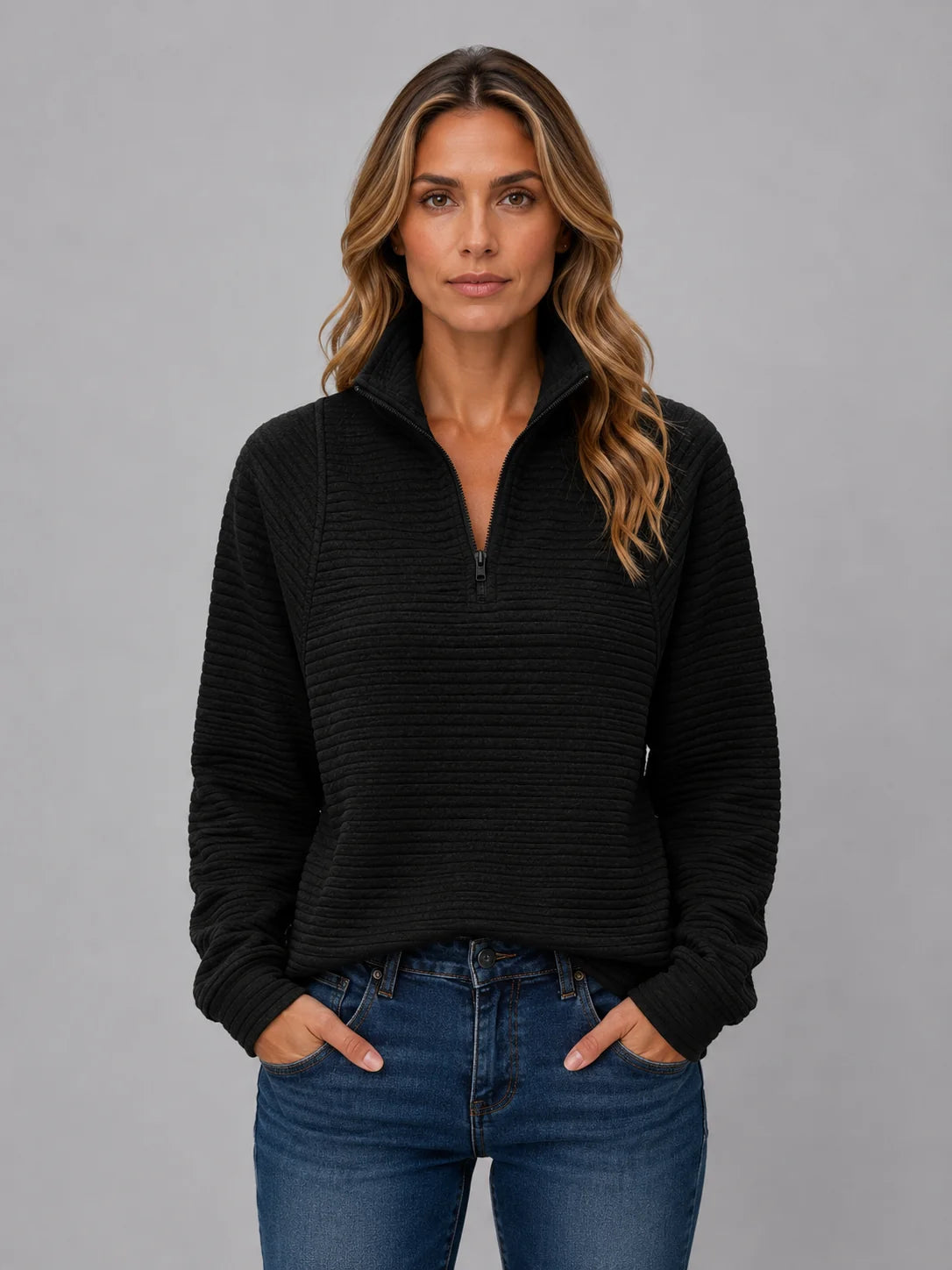Royalty | Women's Pullover Ribbed Half-Zip Casual Knit Zip Neck Soft Cosy Warm Relaxed Layering Chic Feminine Everyday Autumn