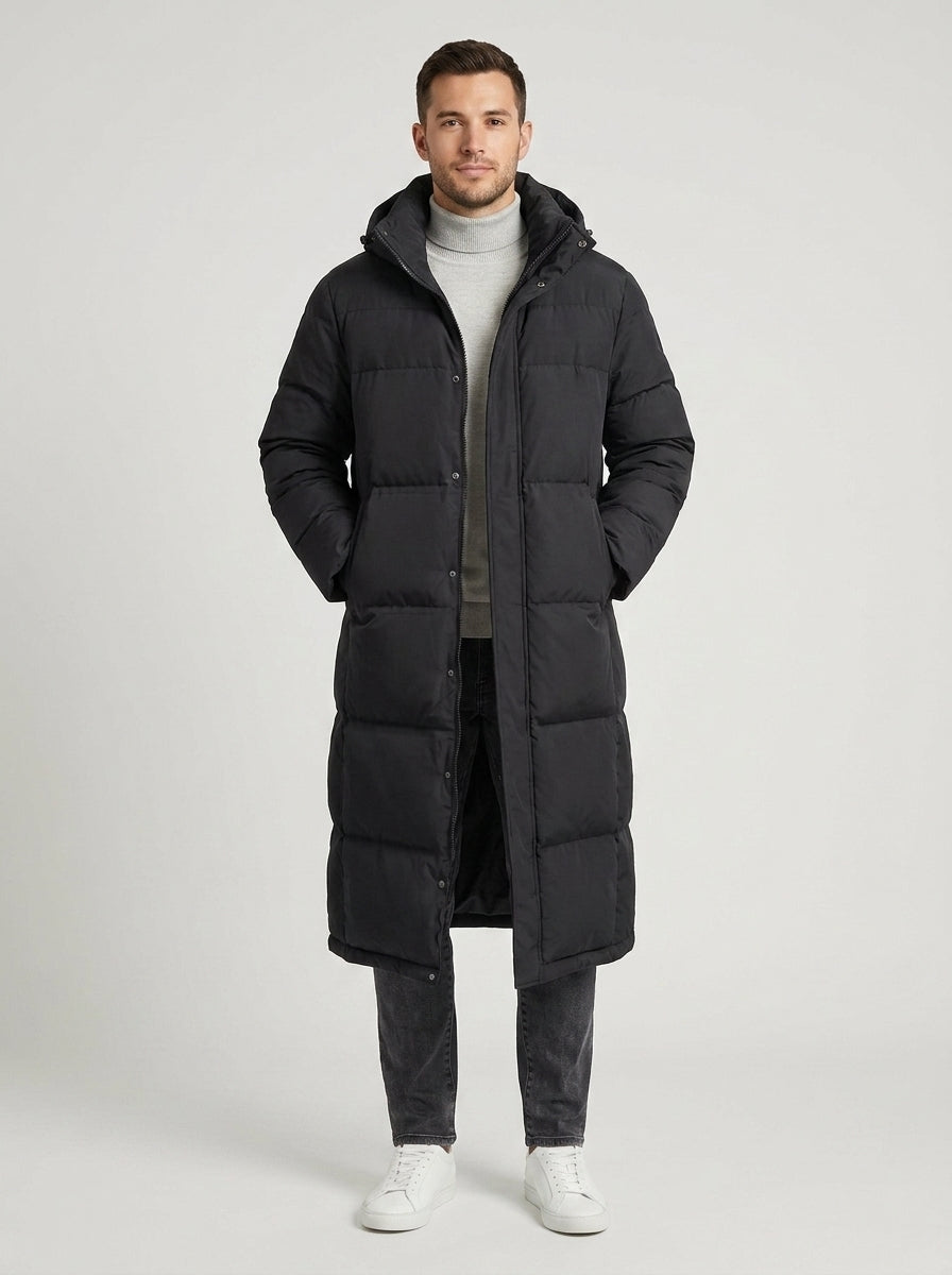 Tristan | Men's Puffer Coat Long Padded Hooded Windproof Insulated Warm Quilted Casual Everyday Cold-Weather Outerwear Winter - Front [Lystr 6a84a4c39d108d2a5558f0f0:front]