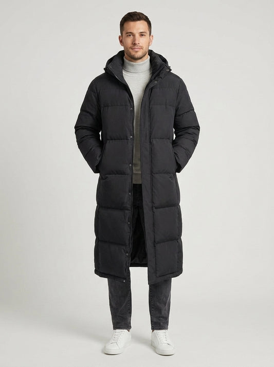 Tristan | Men's Puffer Coat Long Padded Hooded Windproof Insulated Warm Quilted Casual Everyday Cold-Weather Outerwear Winter - Front [Lystr 6a84a4c39d108d2a5558f0f0:front]
