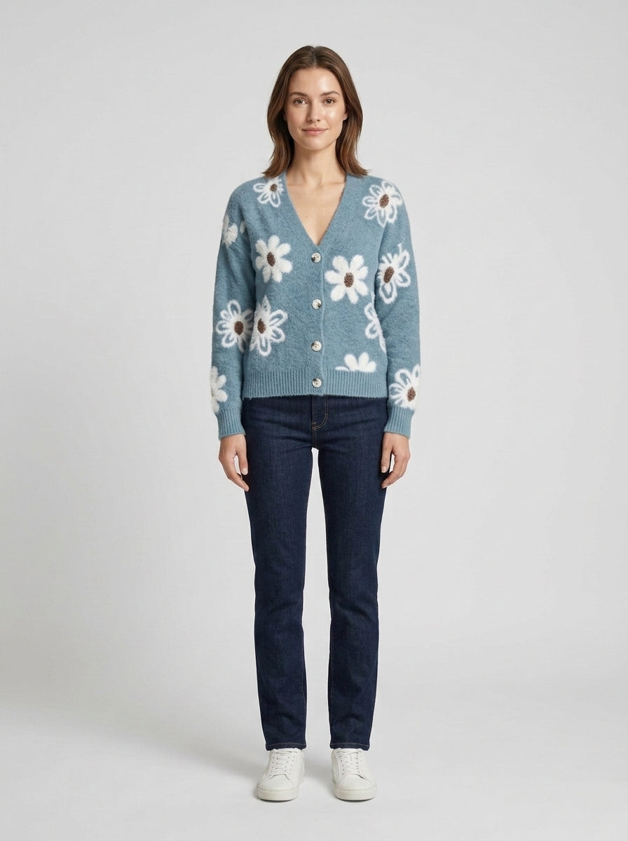 Marina | Women's Cardigan Floral V-Neck Button Front Knit Soft Feminine Cosy Warm Relaxed Layering Chic Casual Everyday Autumn - Front [Lystr 6a87321351ba65245b46db1f:front]