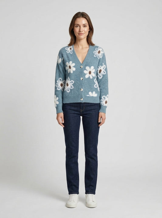 Marina | Women's Cardigan Floral V-Neck Button Front Knit Soft Feminine Cosy Warm Relaxed Layering Chic Casual Everyday Autumn - Front [Lystr 6a87321351ba65245b46db1f:front]