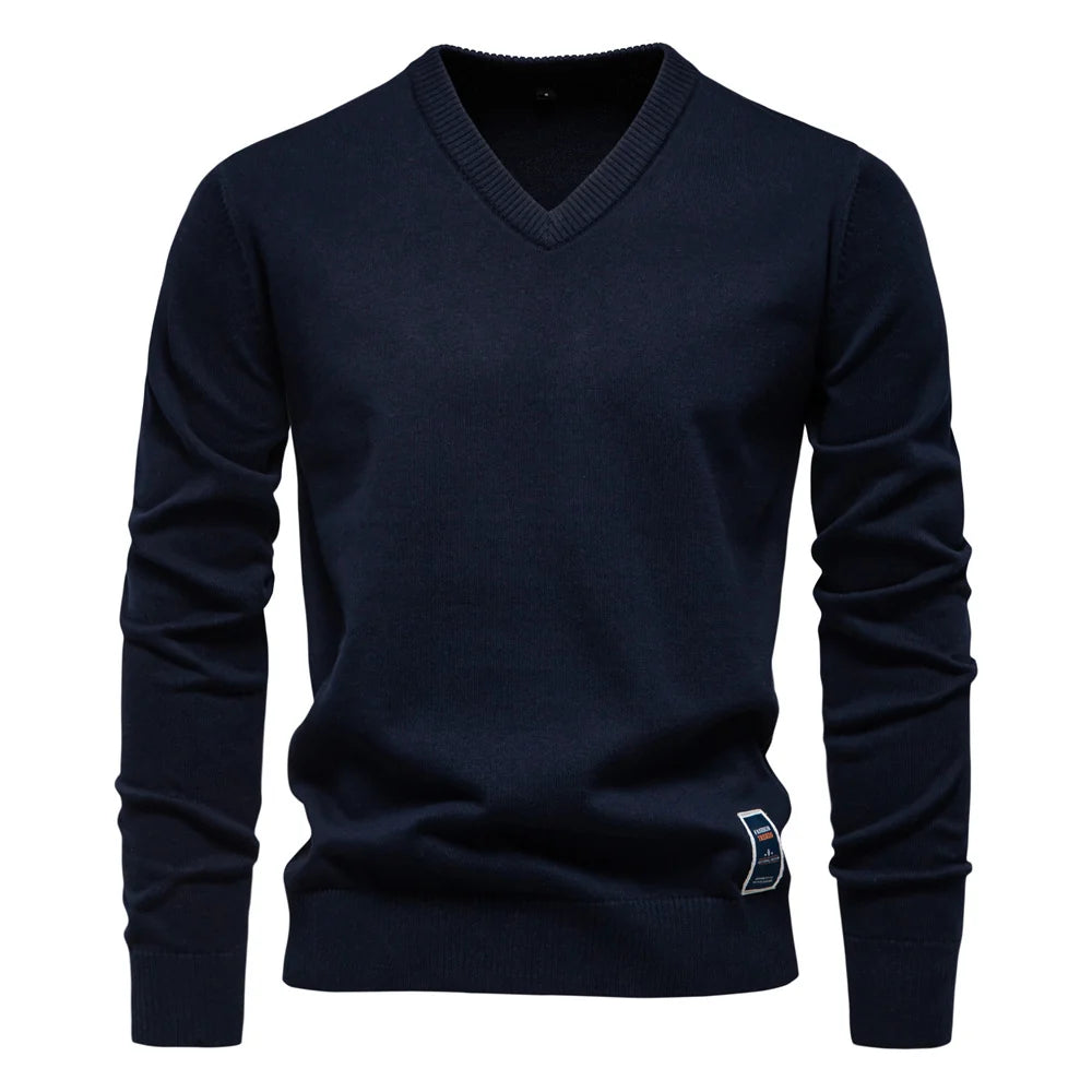 Aarav | Men's Sweater V-Neck Cotton-Blend Slim Fit Soft Breathable Knit Timeless Smart Casual Everyday Layering Autumn Winter