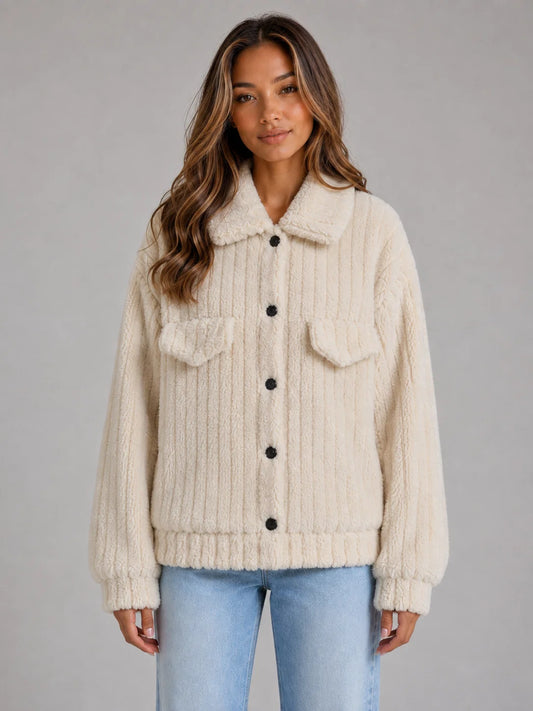 Lorelei | Women's Teddy Jacket Plush Button-Up Collared Fleece Sherpa Soft Cosy Warm Layering Chic Feminine Casual Everyday Autumn