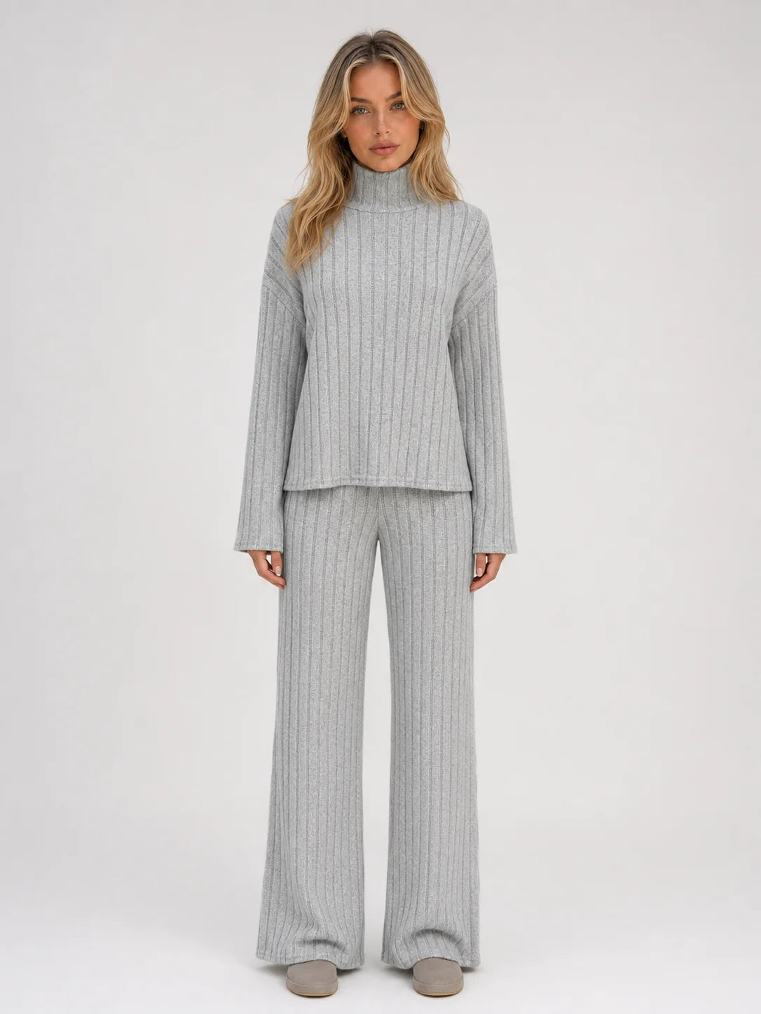Louisa | Women's Lounge Set Ribbed Knit Roll Neck Jumper Wide-Leg Trousers Two-Piece Soft Cosy Warm Coordinated Relaxed Loungewear