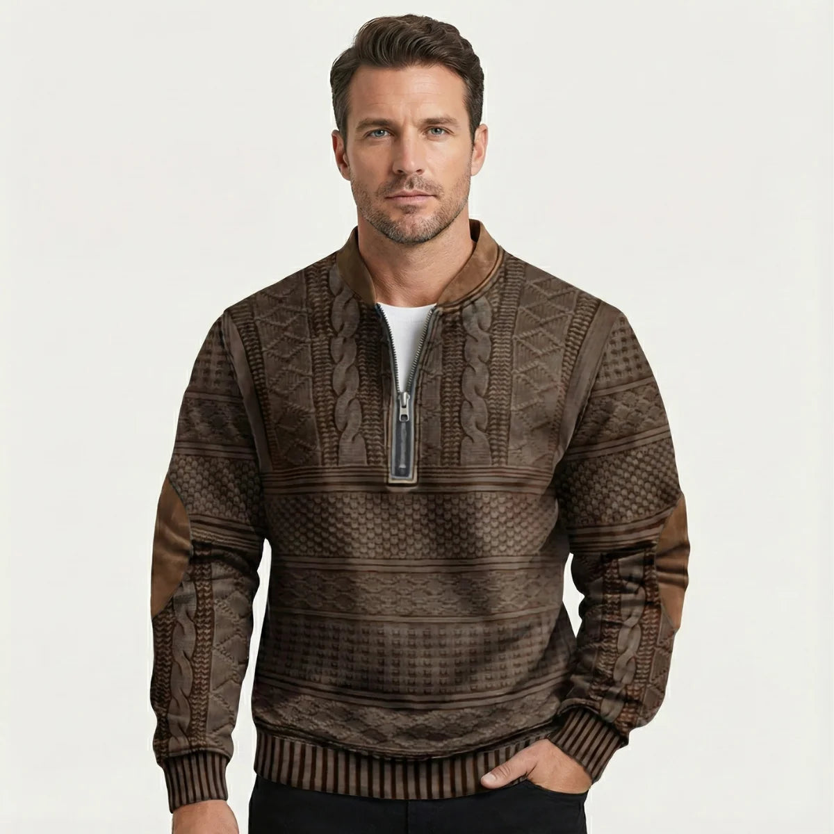 Alaric | Men's Half-Zip Sweater Patterned Elbow Patches Textured Knit Warm Soft Smart Casual Everyday Layering Autumn Winter