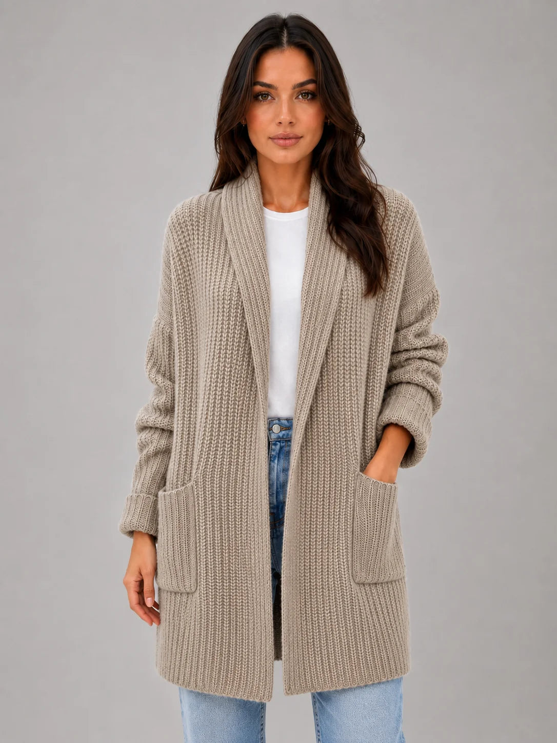 Raquel | Women's Cardigan Open-Front Pockets Soft Knit Longline Relaxed Cosy Warm Layering Chic Feminine Casual Everyday Autumn
