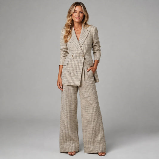 Tatum | Women's Co-ord Set Check Blazer Wide-Leg Trousers Two-Piece Tailored Structured Smart Occasion Office Coordinated Autumn